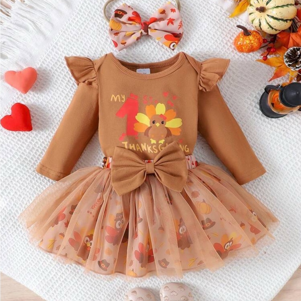 Thanksgiving Toddler Dress with Bow and Tulle Skirt
